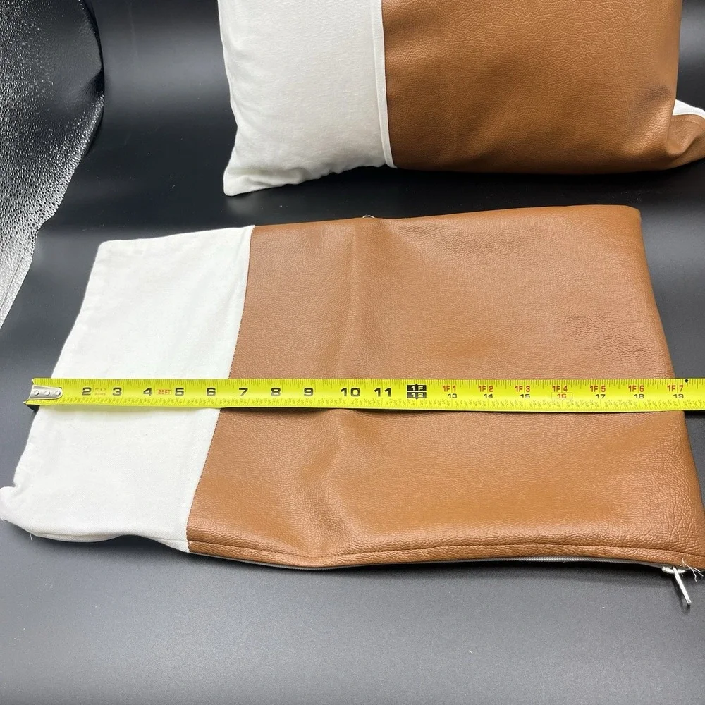 WOVEN NOOK Zulu Down Pillow  & Cover Brown White Square‎ Cotton Faux Leather